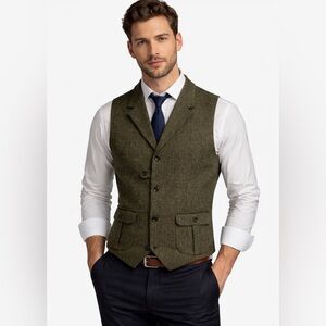 PJ Paul Jones Olive Herringbone Wool Vest - Classic Men's Waistcoat